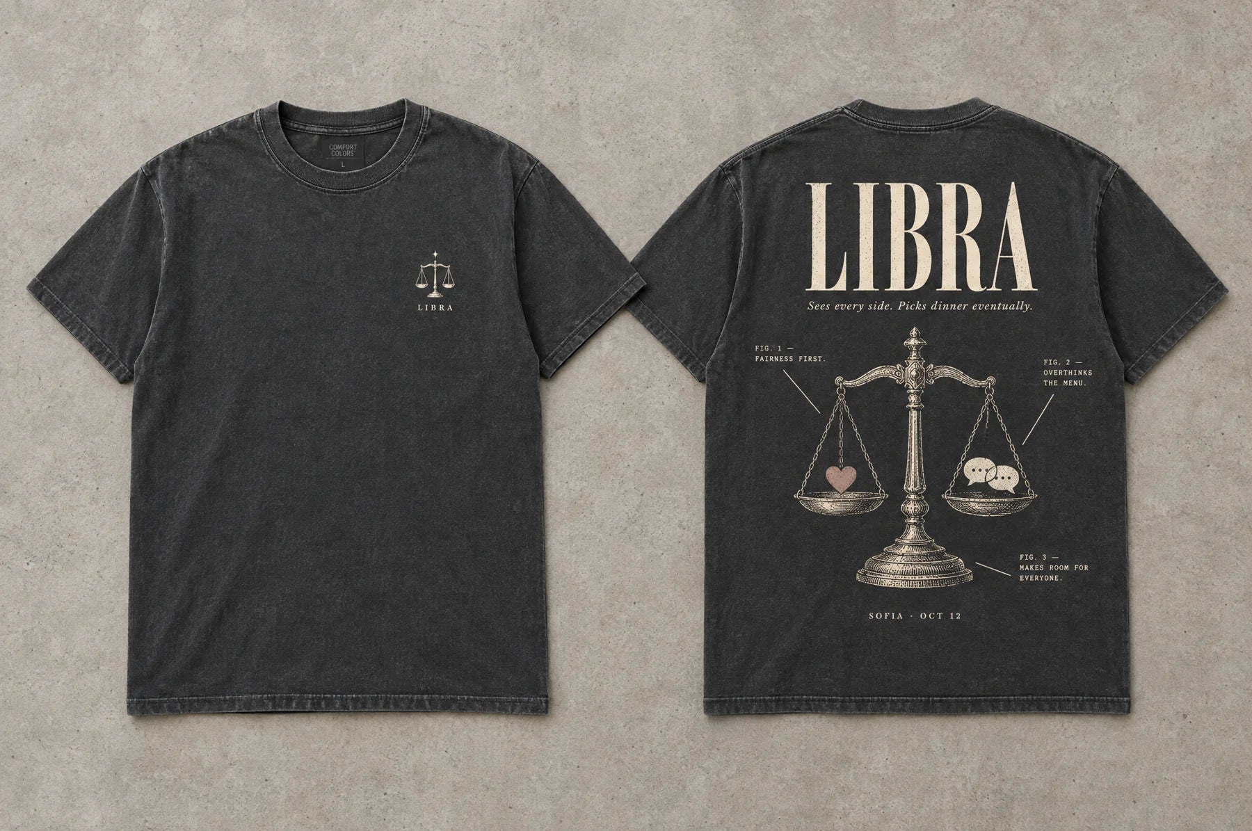 Personalized Libra T-shirt, front and back, with the name Sofia and the date Oct 12 on the back